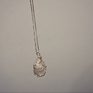 Long silver wire-wrapped natural quartz necklace